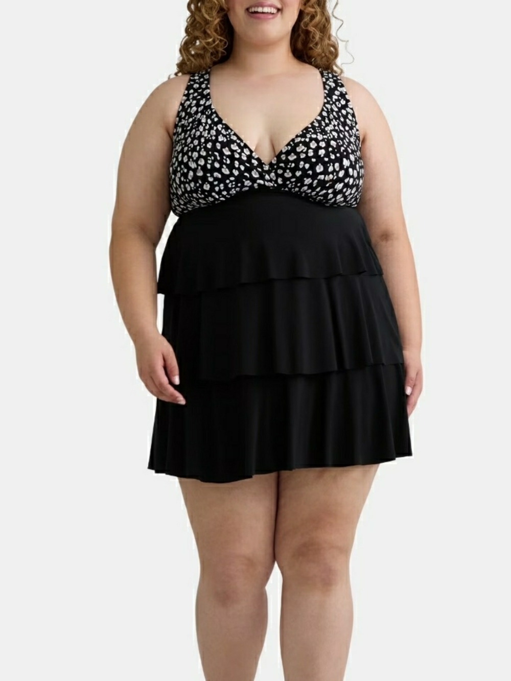 New Plus Size Black Tiered Swimdress with Printed Animal Print Bust 18/20
